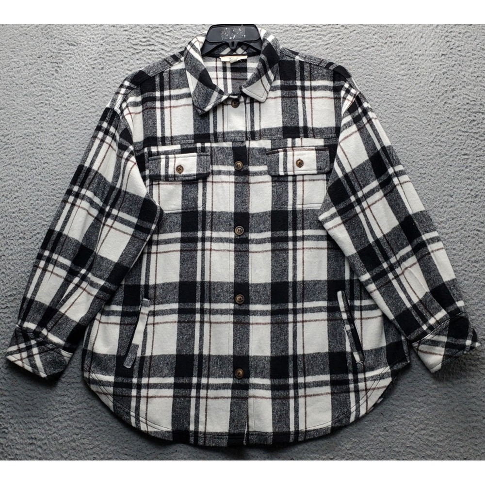 KyeMi Flannel Shacket Womens M Multi Plaid Elbow Patch Sleeve Button Front EUC